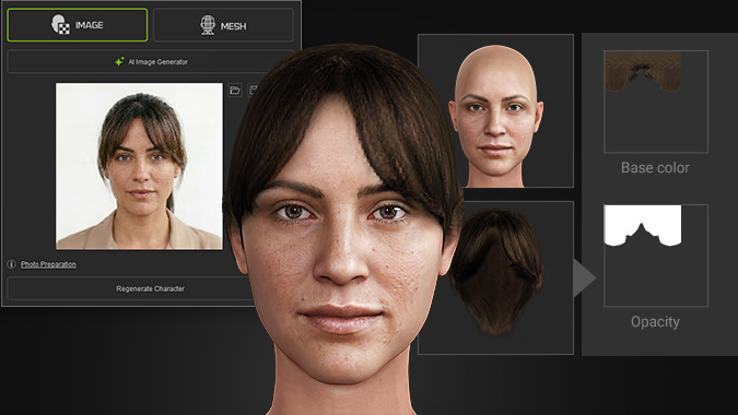 Generated low-poly 3D hair mesh with alpha masking layer for natural hairline softening
