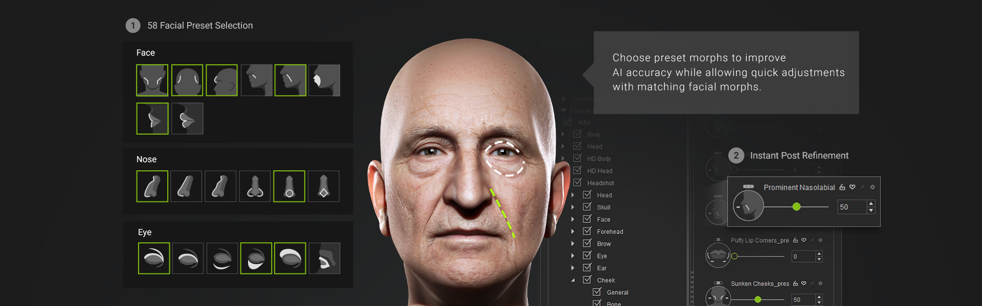 Facial feature preset sliders organized by facial zone in the Currently Used panel