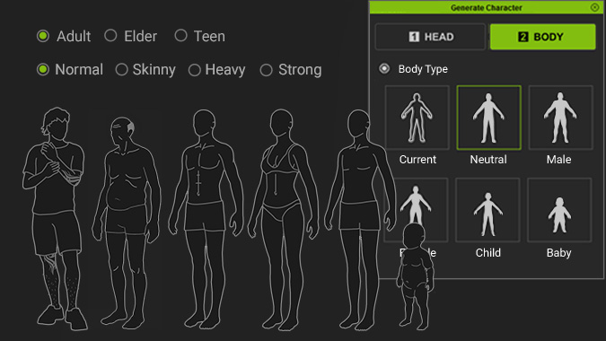 Body type selection panel showing options by age, gender, and physique