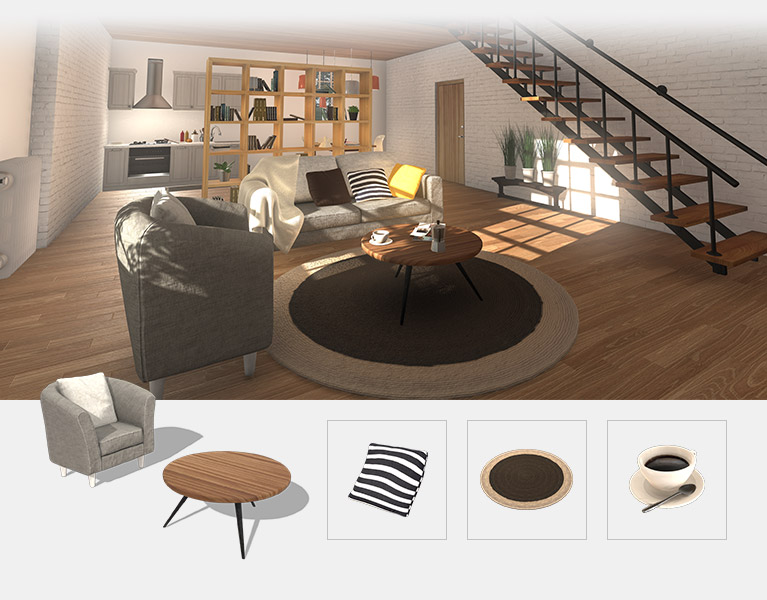 interior 3d scene - living room, kitchen