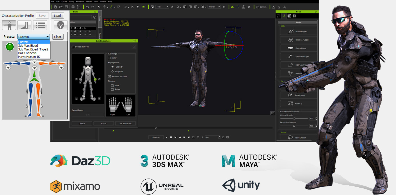animate characters from daz, maya, 3ds max, mixamo