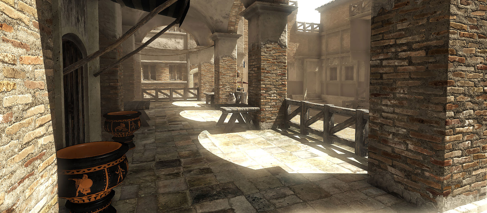 global illumination in 3D scene - medival and anicient rome front porch